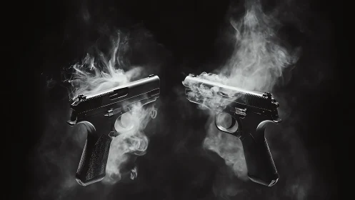 Twin smoking pistols suspended in dramatic low key light.