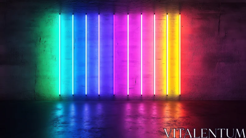 Vertical RGB neon light tubes on textured concrete gallery wall