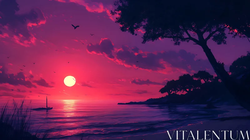 Coastal shoreline and sunset with silhouetted trees and boat.