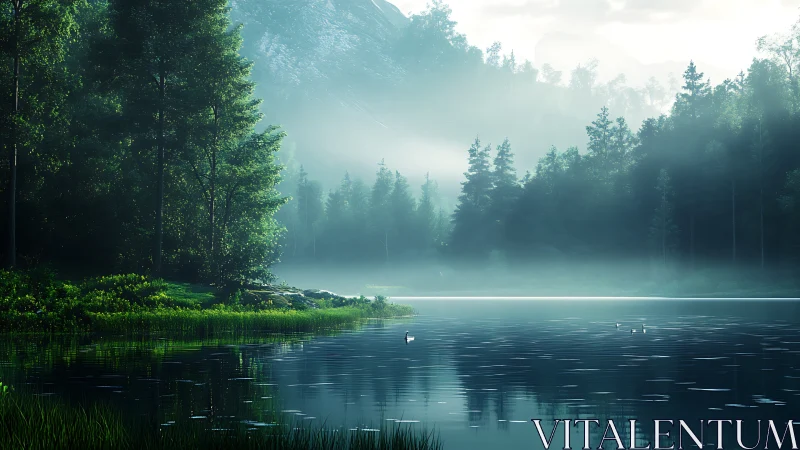 Misty Forest Lake Dawn with Mountains and Swans.
