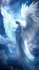 Luminous winged angel descends through glowing storm clouds