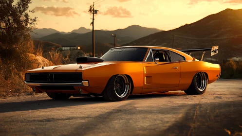 Golden muscle car cuts through sunset desert highway.