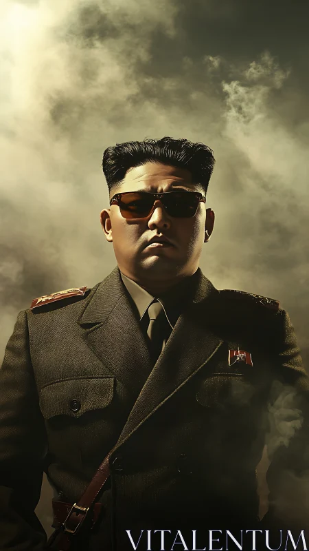 Smoky light crowns a stern officer frozen in cinematic pose