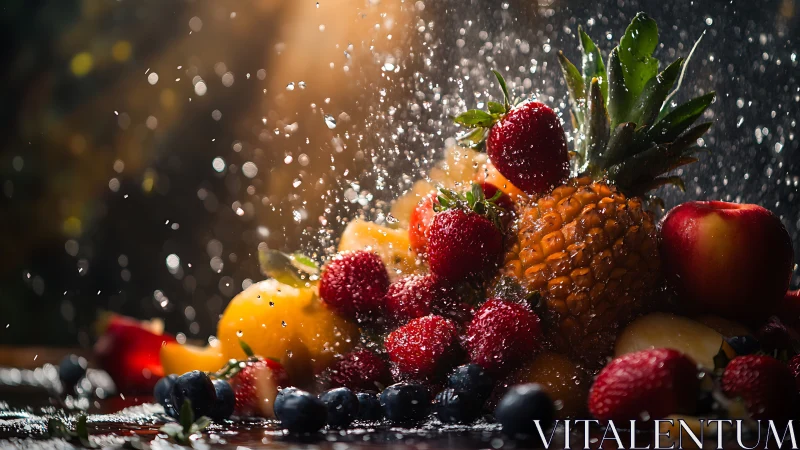 Mixed fresh fruit pile under splashing water in strong light