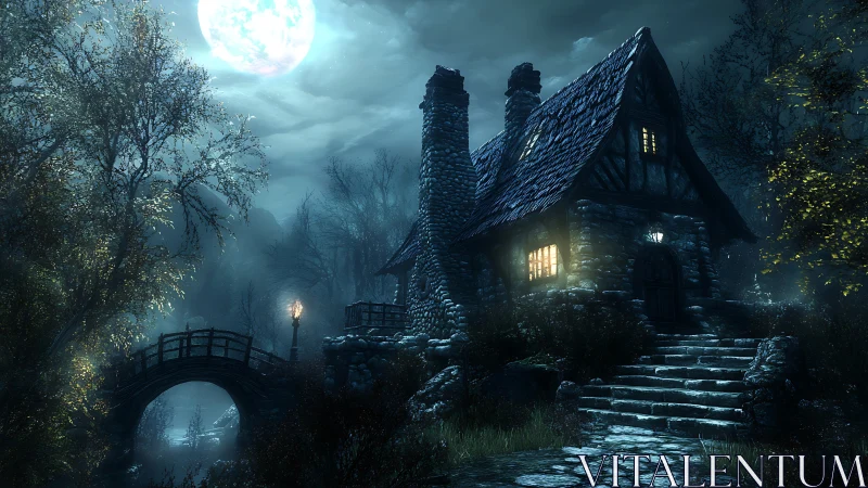 Moon-drenched witching cottage guarding a foggy forest path.