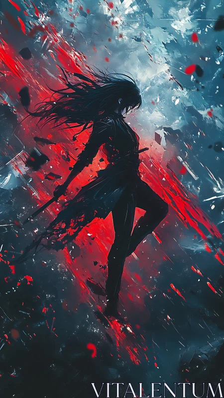 Digital painting of dynamic warrior silhouette in red storm.