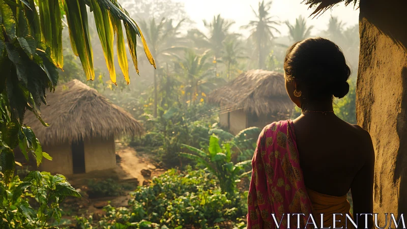 Woman overlooks sunlit tropical village from doorway