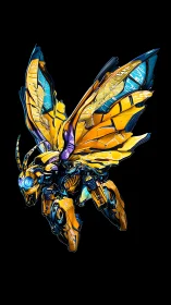 Cybernetic wasp construct with luminous segmented wings.