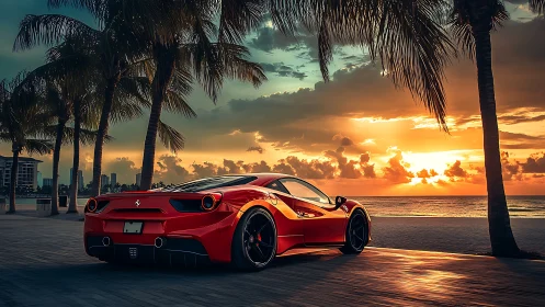 Red sports coupe parked by palm-lined urban shoreline.