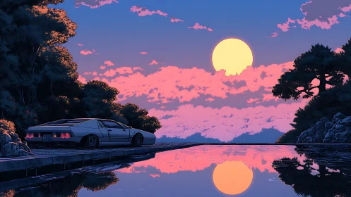 Retro sports car by reflective lake at neon dusk horizon