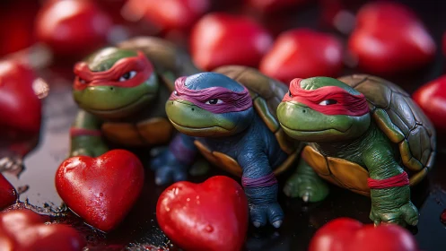 Ninja Turtles with Red Hearts: Playful 3D Composition.