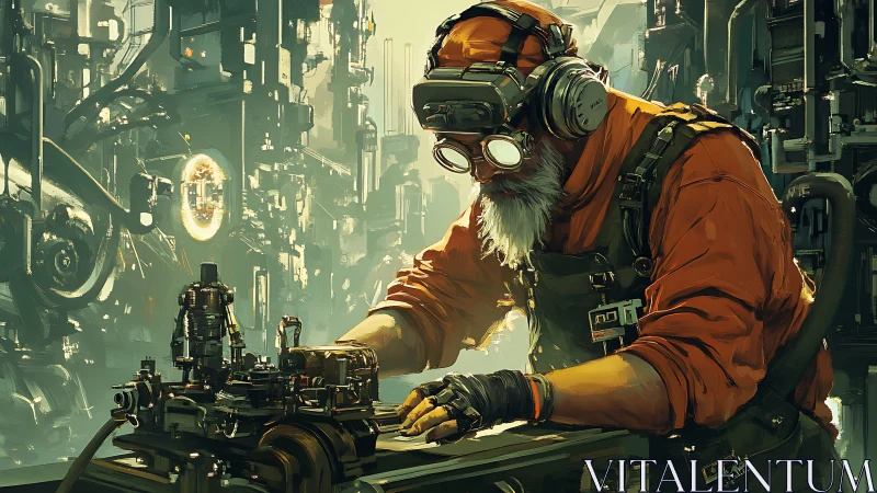 Goggles gleam while a cyberpunk machinist tunes the future