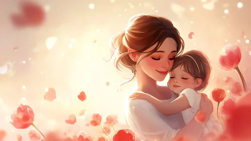 Woman and child embrace surrounded by red tulips in warm light