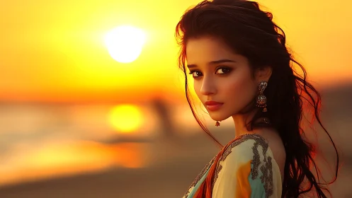 Portrait of woman on shoreline at sunset with warm light.