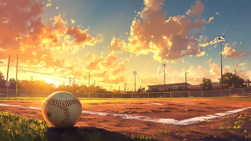 Sunlit baseball field rests beneath a glowing evening sky.