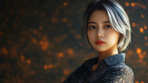 Serious young woman with short silver hair in warm light.