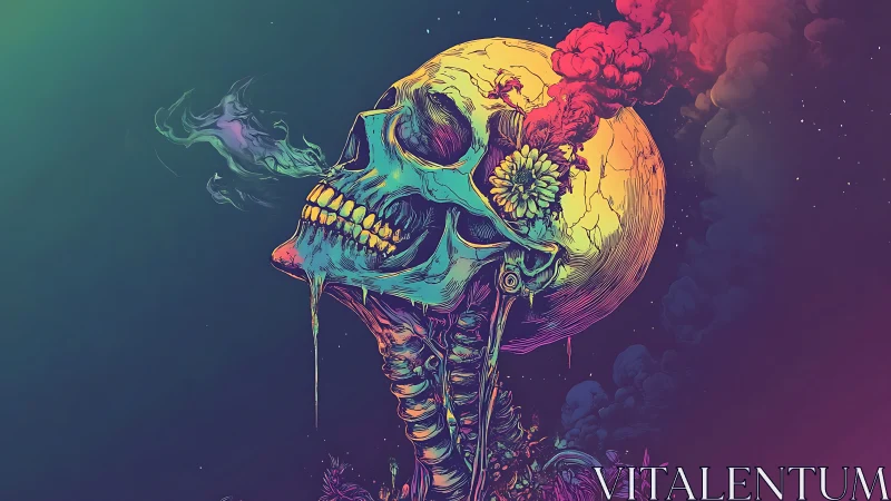 Neon skull bloom erupting with cosmic vapor and light.