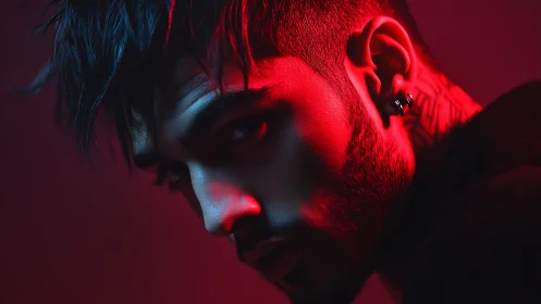 Moody male portrait in red and blue studio lighting.