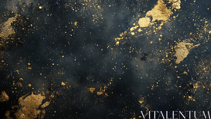 Gold splatter drifts across deep black space in abstract calm
