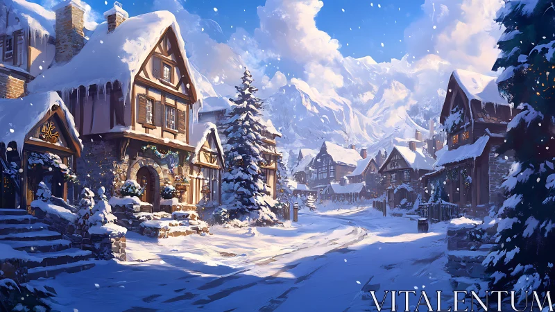 Snow-covered mountain village street in winter daylight.