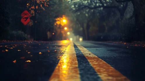Rain-slicked lane hums softly beneath drifting streetlight glow