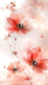 Ethereal Red Cosmos Flowers with Luminescent Particle Effects