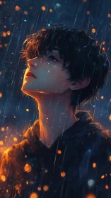 Luminous rain portrait with thermal-contrast rim lighting study.