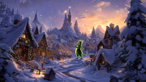 Snow-laden village with luminous green creature under sunset sky