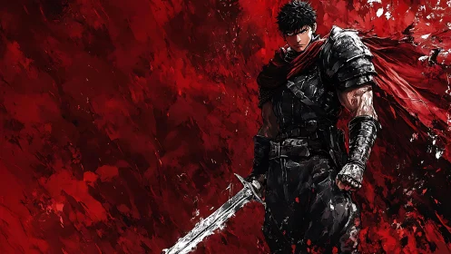 Dark armored swordsman against violent red storm backdrop.