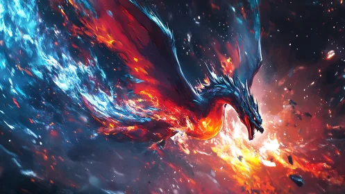 Fire and ice dragon racing through a shattered cosmic storm.