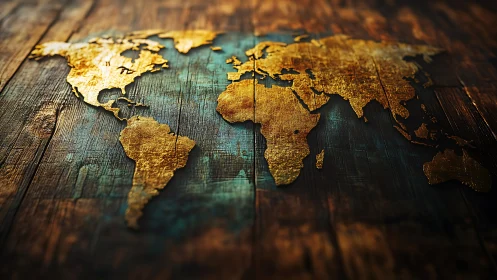 Golden world map glowing softly on rustic wooden boards.