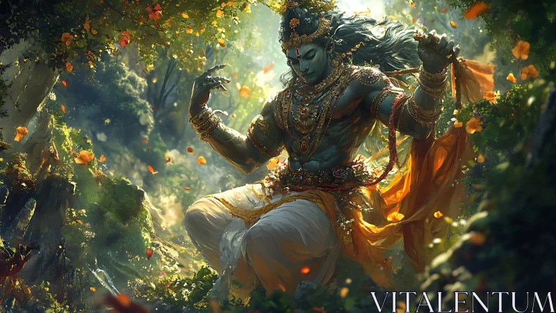 Blue-skinned deity dancing dynamically in dense forest light