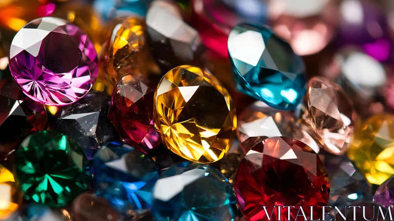 Multicolored faceted gemstones are arranged in close view