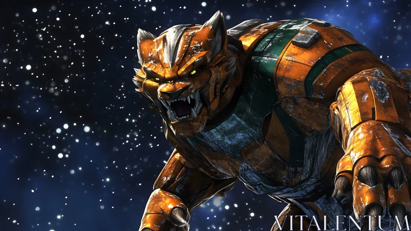 3D mech-feline predator in dynamic low-orbit starfield composition.