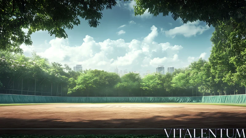 Empty clay sports court is enclosed by dense urban trees