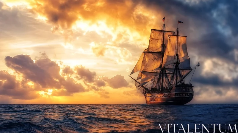 Sunlit square-rigged tall ship under dynamically lit cumulonimbus.