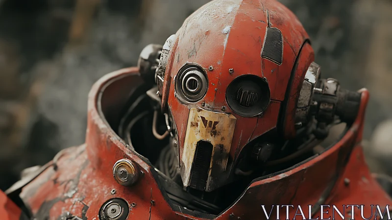 Weathered red combat automaton with industrial optic rigging.