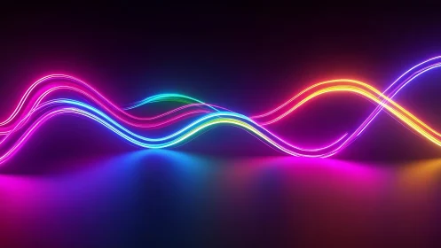 Neon rainbow waves dancing across a glossy midnight horizon.