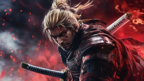 Battle-scarred samurai glares through swirling crimson embers