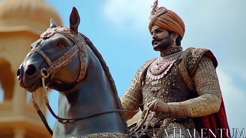 Regal warrior rides armored steed beneath clear blue sky