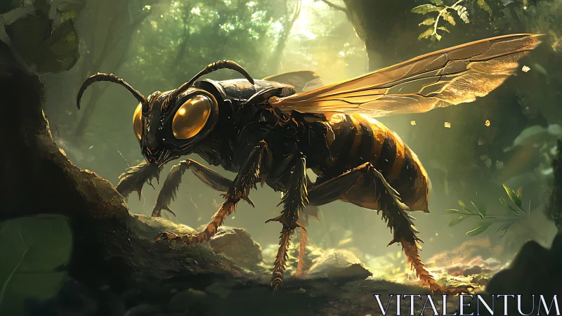 Biomechanical hornet rendered in luminous forest atmosphere.