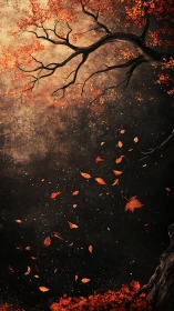 Gentle autumn tree letting glowing scarlet leaves drift away.