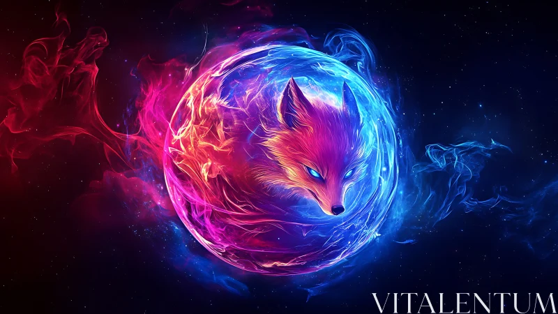 Luminous astral fox encircled by neon cosmic energy sphere.