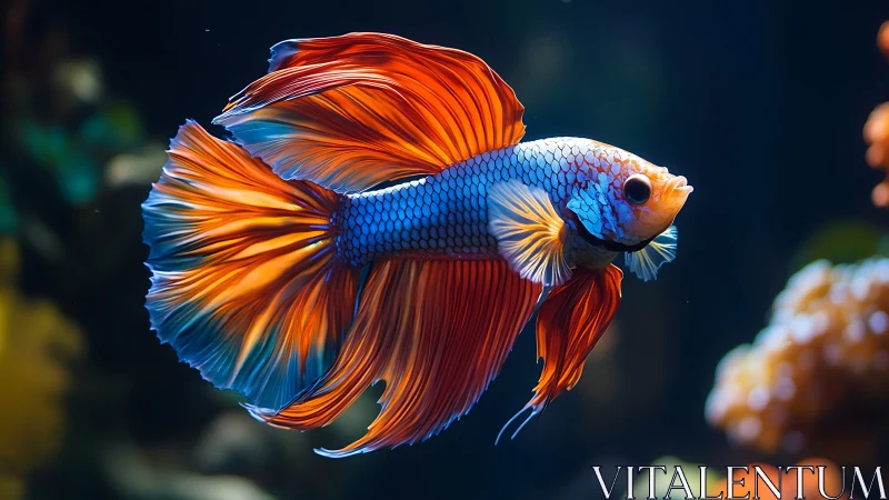 Vibrant betta fish glides through softly lit aquatic depth