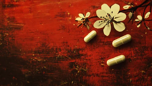 Pale capsules drift beneath painted blossoms on rusted red