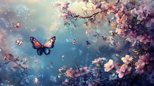 Butterflies in soft twilight sky over blooming branches.