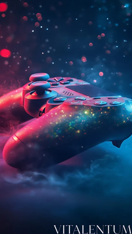 Neon galaxy game controller in cinematic bokeh haze composition.