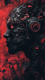 Profile view of cybernetic human head in red field.
