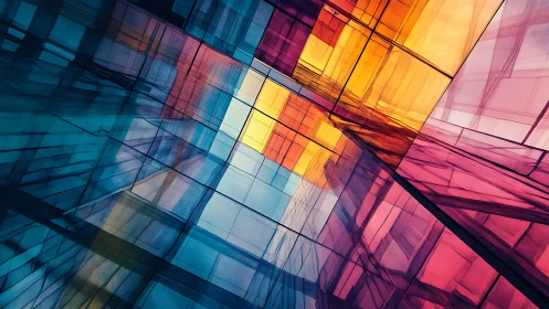 Geometric glass panels in prismatic cyan, magenta, amber.