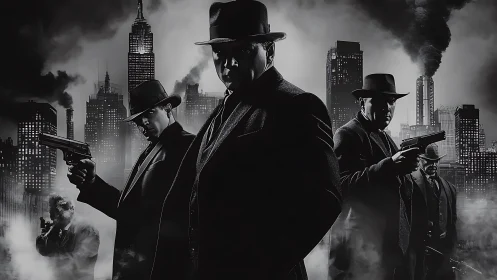 Gangsters stand armed in smoky noir city skyline at night